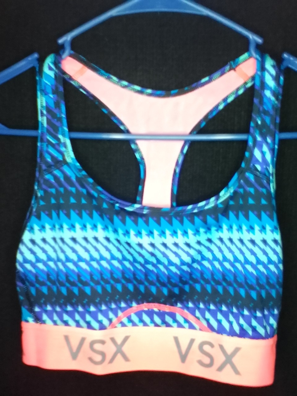 VSX Women's Blue Geometric Racerback Sports Bra with Pink Ombre Band- Small
